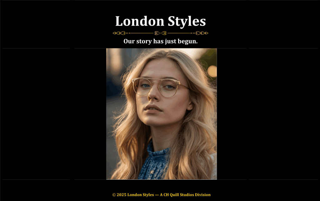 London Styles Magazine Winter 2025 back cover — Portrait of Britney McClearn with soft evening light, confident styling, and the tagline ‘Our story has just begun.’ A CH Quill Studios fashion publication.