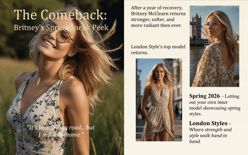 London Styles Magazine Winter 2025 pages 10–11 – The Comeback: Britney McClearn’s Spring Sneak Peek, a fashion editorial about her return with soft, radiant styling and London backdrops including Tower Bridge