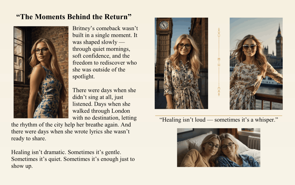 London Styles Magazine Winter 2025 pages 12–13 – The Moments Behind the Return feature following Britney McClearn’s quiet healing and rediscovery through London, with fashion portraits by Big Ben and emotional scenes of strength and softness