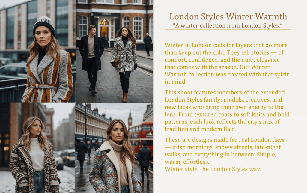 London Styles Magazine Winter 2025 pages 16–17 – London Styles Winter Warmth fashion collection editorial featuring textured coats, modern knits, and layered winter street style shot around iconic London locations including Big Ben and red buses