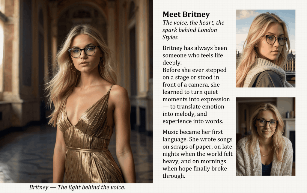 London Styles Magazine Winter 2025 pages 24–25 – Meet Britney feature introducing the voice and heart behind London Styles, with elegant portrait photography in a gold dress and lifestyle shots reflecting her emotional, music-driven story