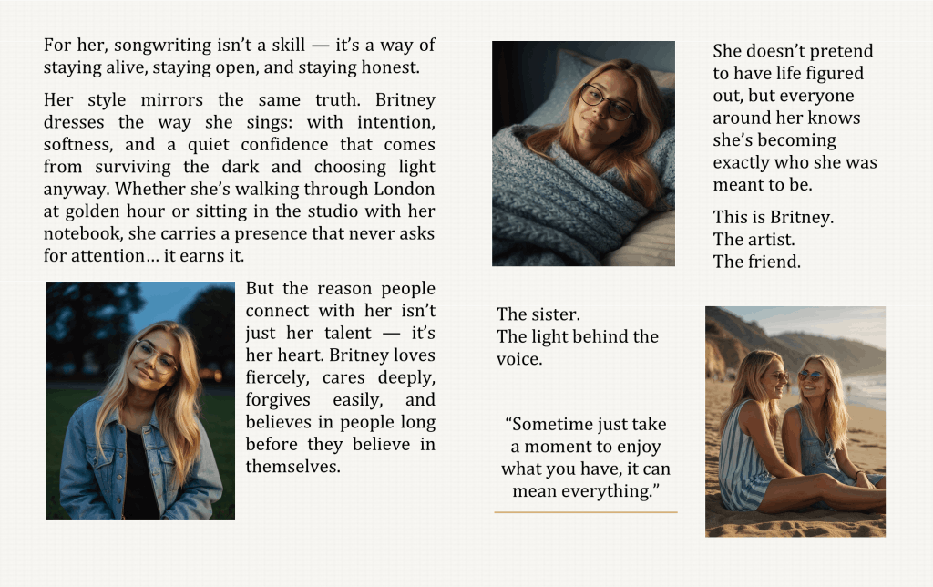 London Styles Magazine Winter 2025 pages 26–27 – Britney McClearn lifestyle feature with cozy at-home portraits and joyful beach photography, presenting her authentic personality, artistic heart, and emotional storytelling