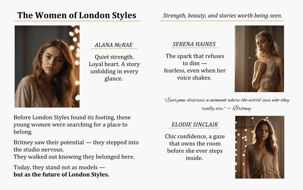 London Styles Magazine Winter 2025 pages 34–35 – The Women of London Styles feature introducing models Alana McRae, Serena Haines, and Elodie Sinclair, showcasing confidence, beauty, and personal stories through soft studio portrait photography