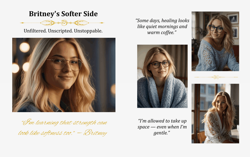 London Styles Magazine Winter 2025 pages 42–43 – Feature titled 'Britney's Softer Side' showing close-up portraits of Britney in cozy sweaters and relaxed settings, highlighting her gentle confidence and personal quotes about healing, softness, and emotional strength