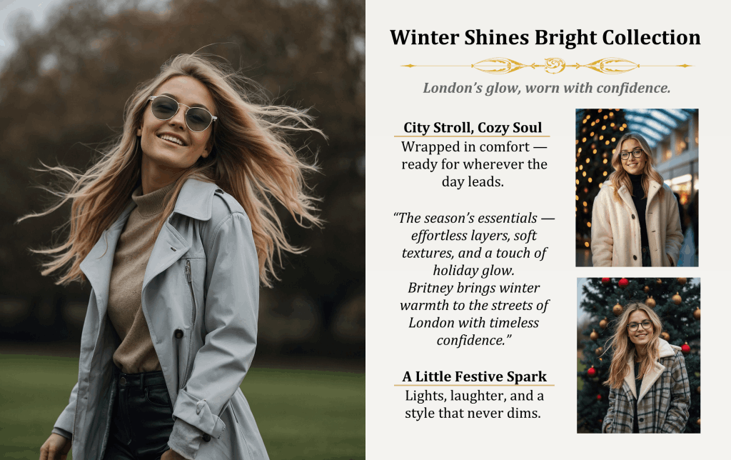 London Styles Magazine Winter 2025 pages 44–45 – Winter Shines Bright Collection featuring Britney McClearn outdoors in stylish winter layers, smiling in motion, and photographed by holiday lights and Christmas trees, promoting cozy chic London street fashion with confidence