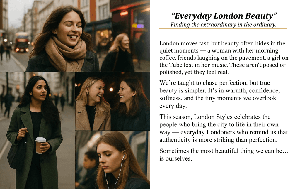 London Styles Magazine Winter 2025 pages 8–9 – Everyday London Beauty editorial featuring real Londoners in candid street photography, celebrating warmth, confidence, and authenticity in everyday moments